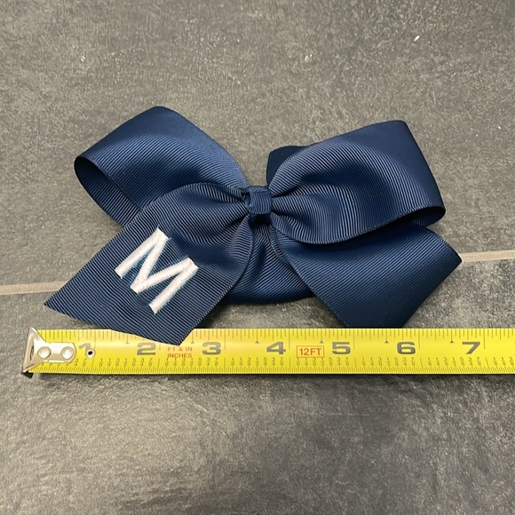 Girls large blue hair bow with embroidered letter “M” - Picture 2 of 3